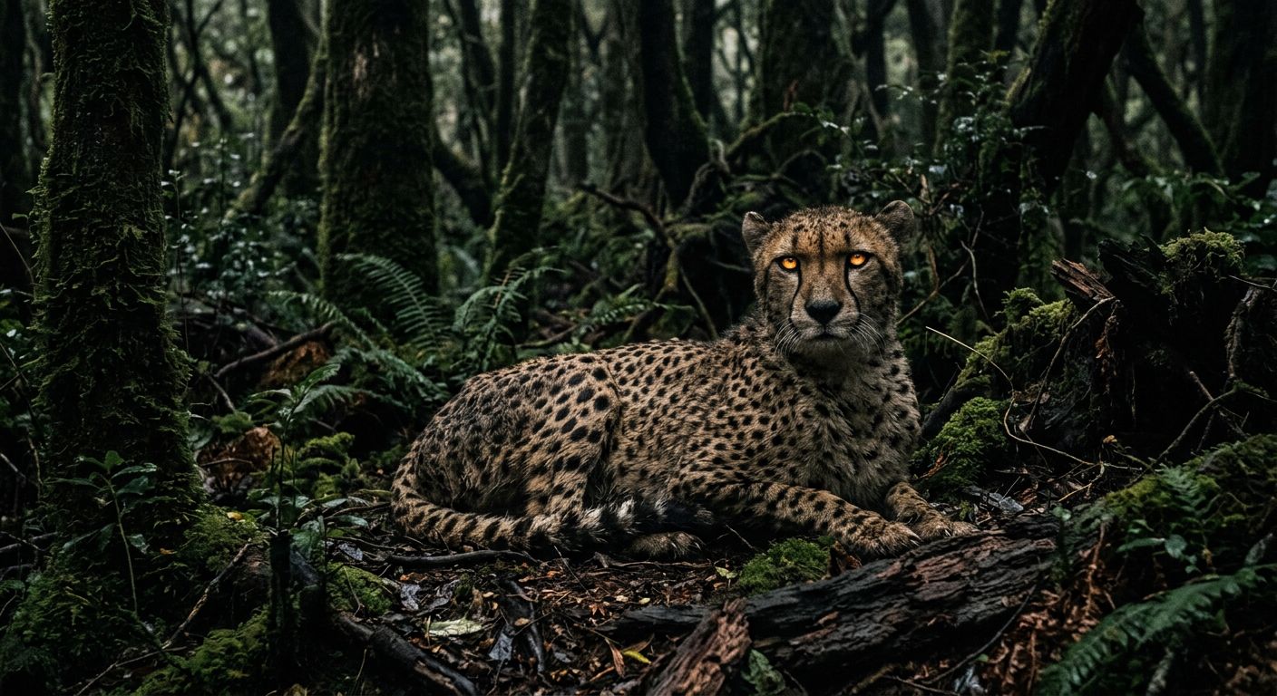 فهد هادئ في غابة مظلمة يعكس السكون الداخلي والترقب