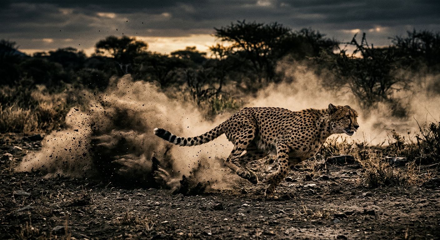 فهد يركض في البرية تعبيرا عن السرعة الغريزية واقتناص الفرص