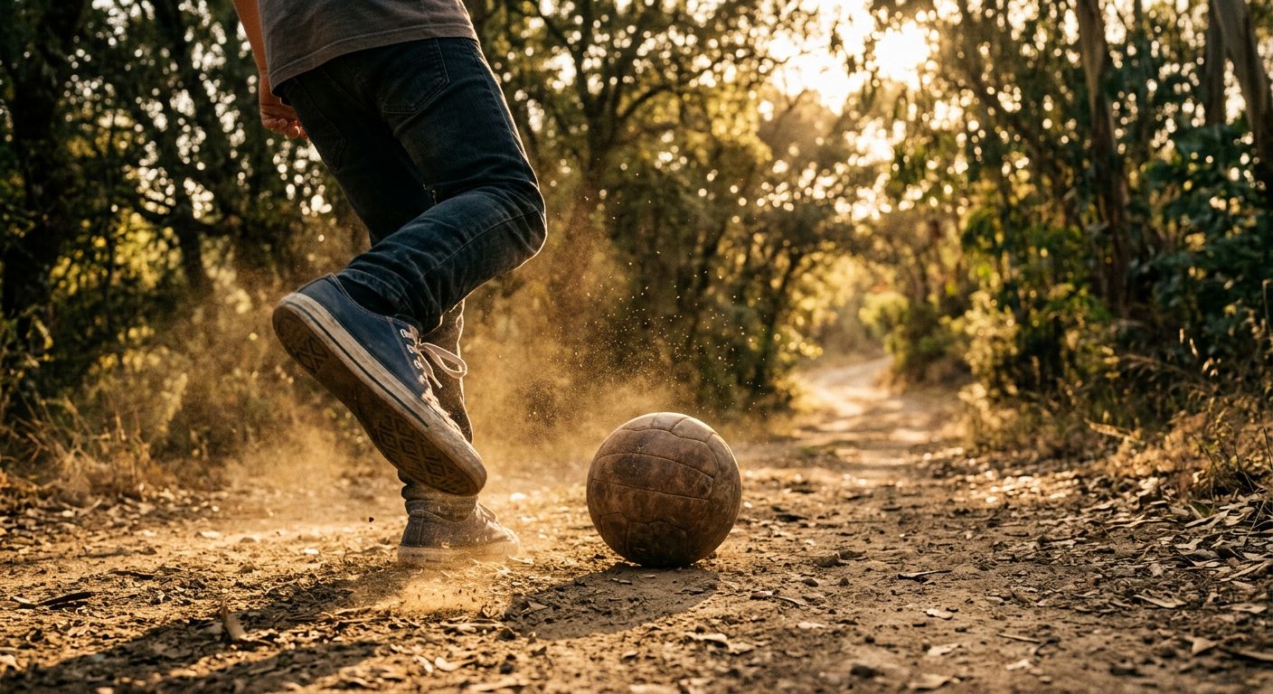لحظة ركل الكرة في طريق ريفي مشمس